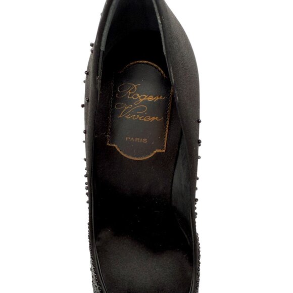 Roger Vivier Black Satin Embellished Peep Toe Heels - Size 5 - Picture 2 of 10